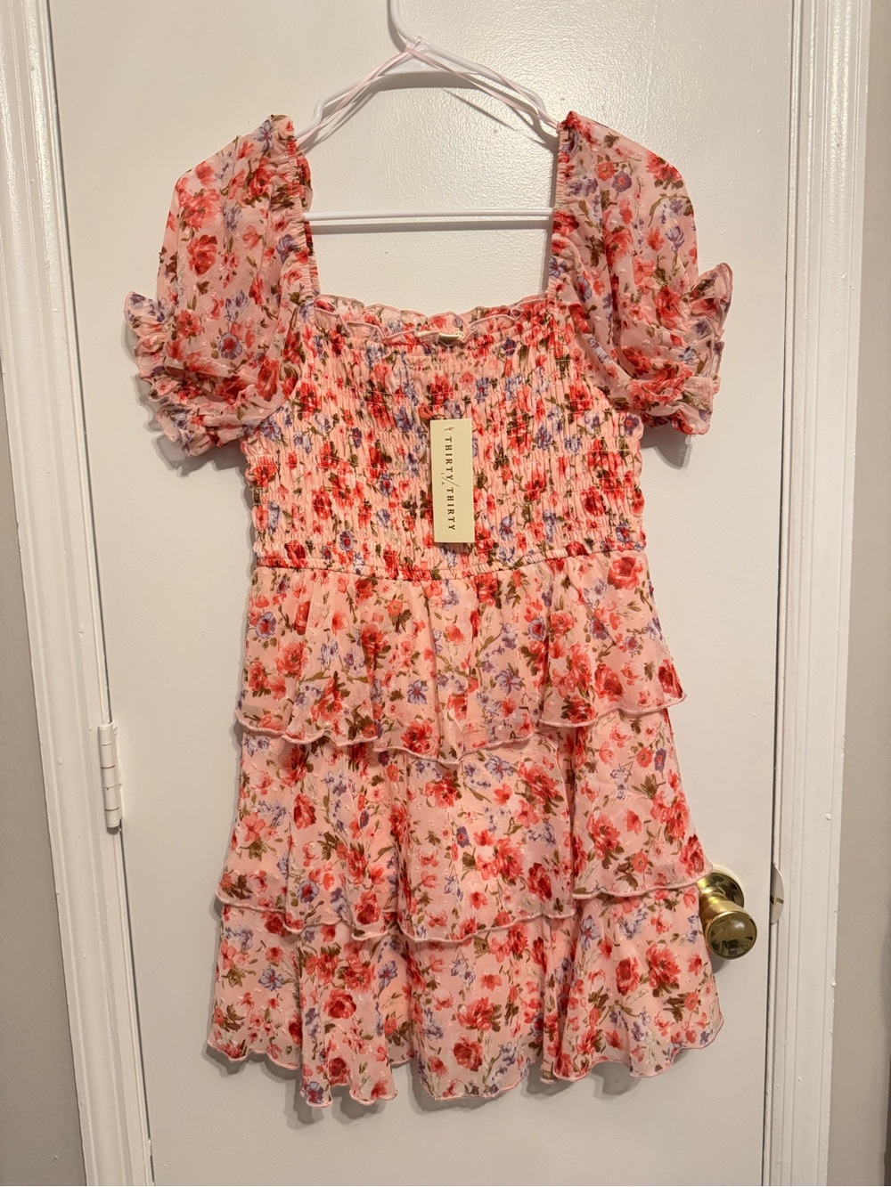 THIRTY THIRTY Pink Floral Smocked Puff Sleeve Tiered Mini Dress Size Medium